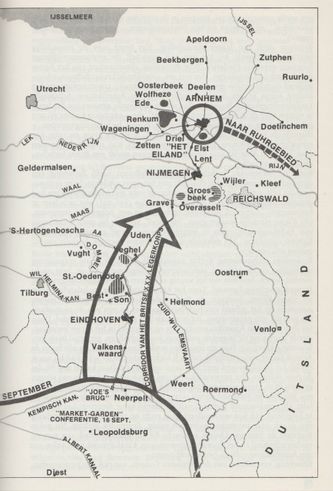 Onjuiste weergave van plan Operatie Market Garden. Meer de aanvalsrichting weergegeven dan het operatiedoel.
